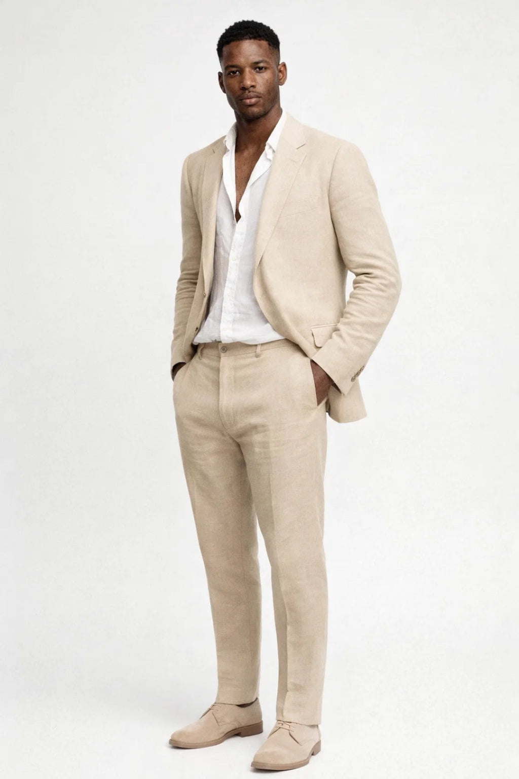 Linen Two Piece Suit with Round Neck Jacket for Men | Regular Fit