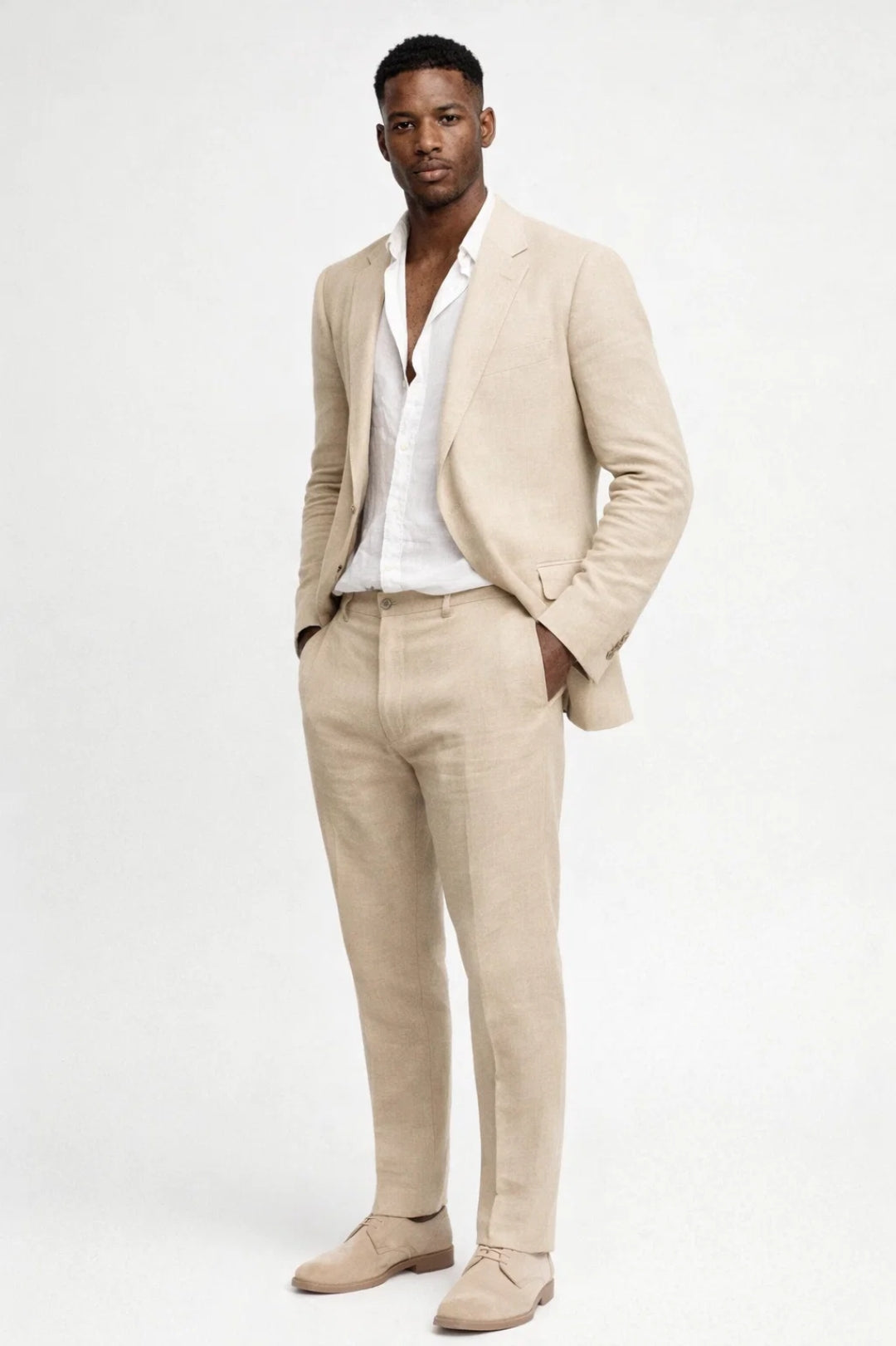 Linen Two Piece Suit with Round Neck Jacket for Men | Regular Fit