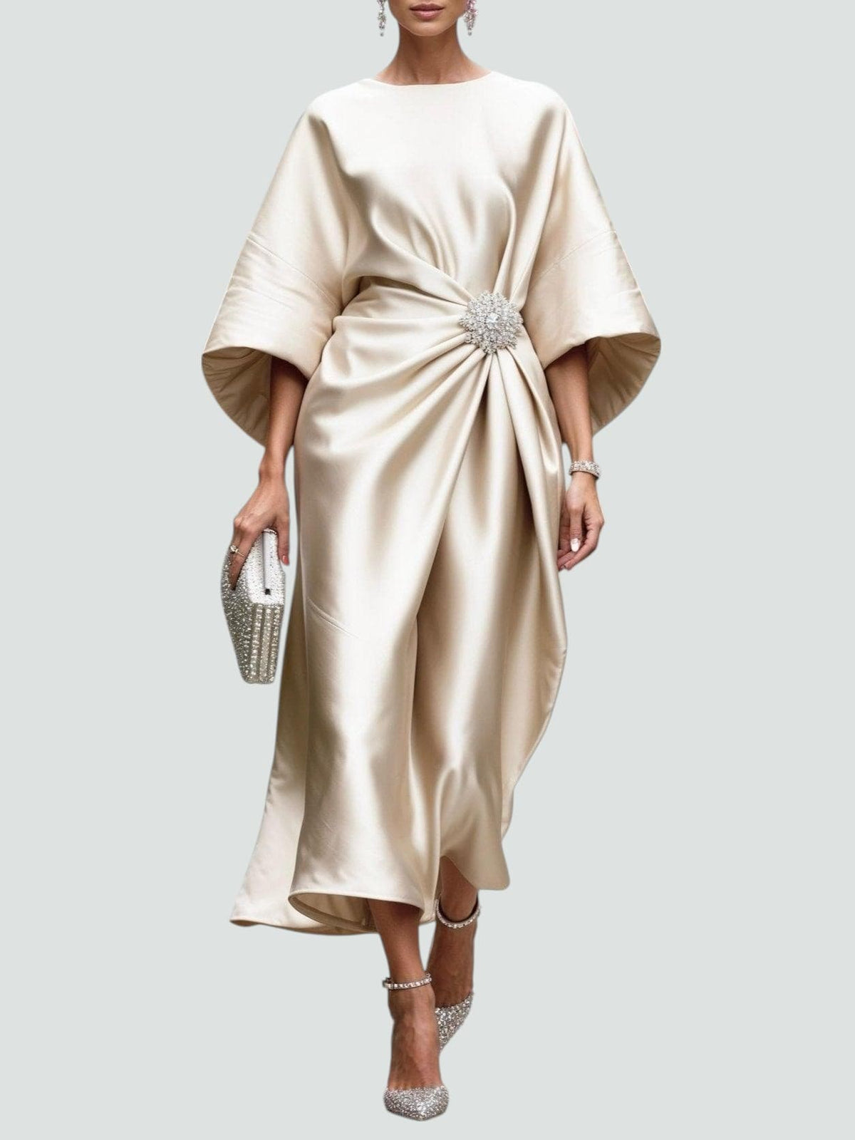 Draped Cape Sleeve Boat Neckline Maxi Dress for Women | Formal Evening Gown