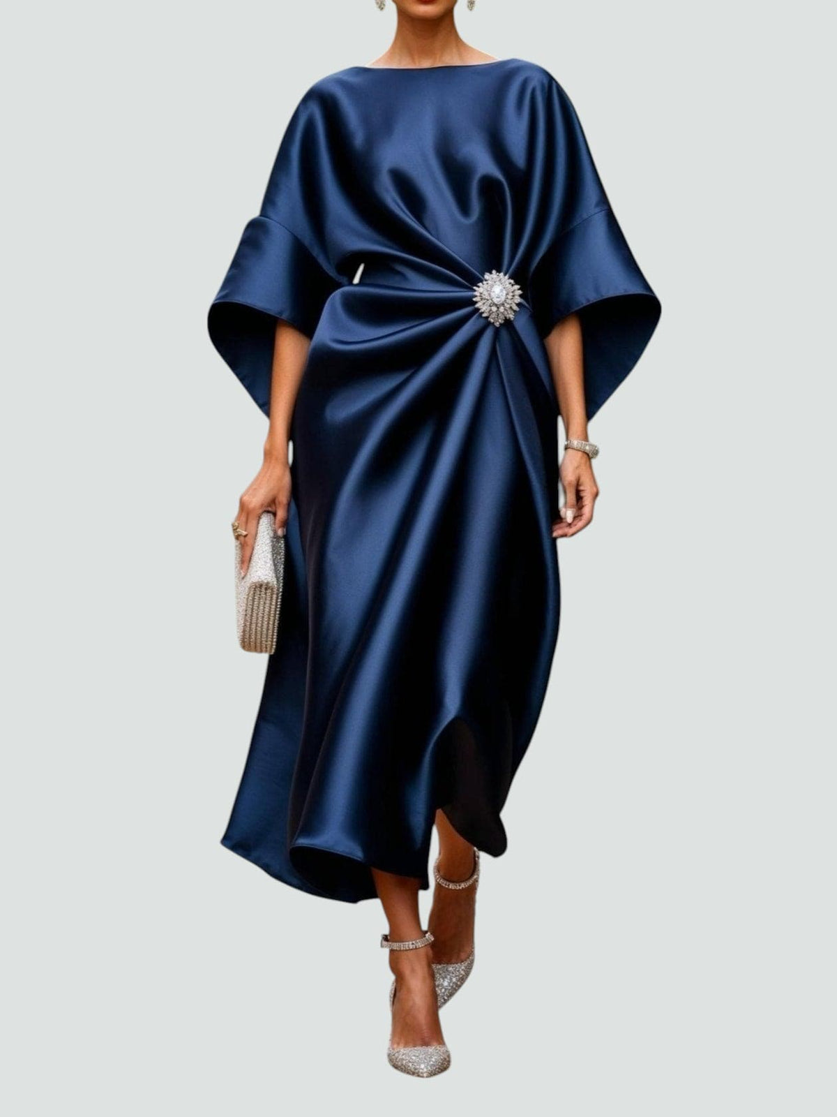 Draped Cape Sleeve Boat Neckline Maxi Dress for Women | Formal Evening Gown