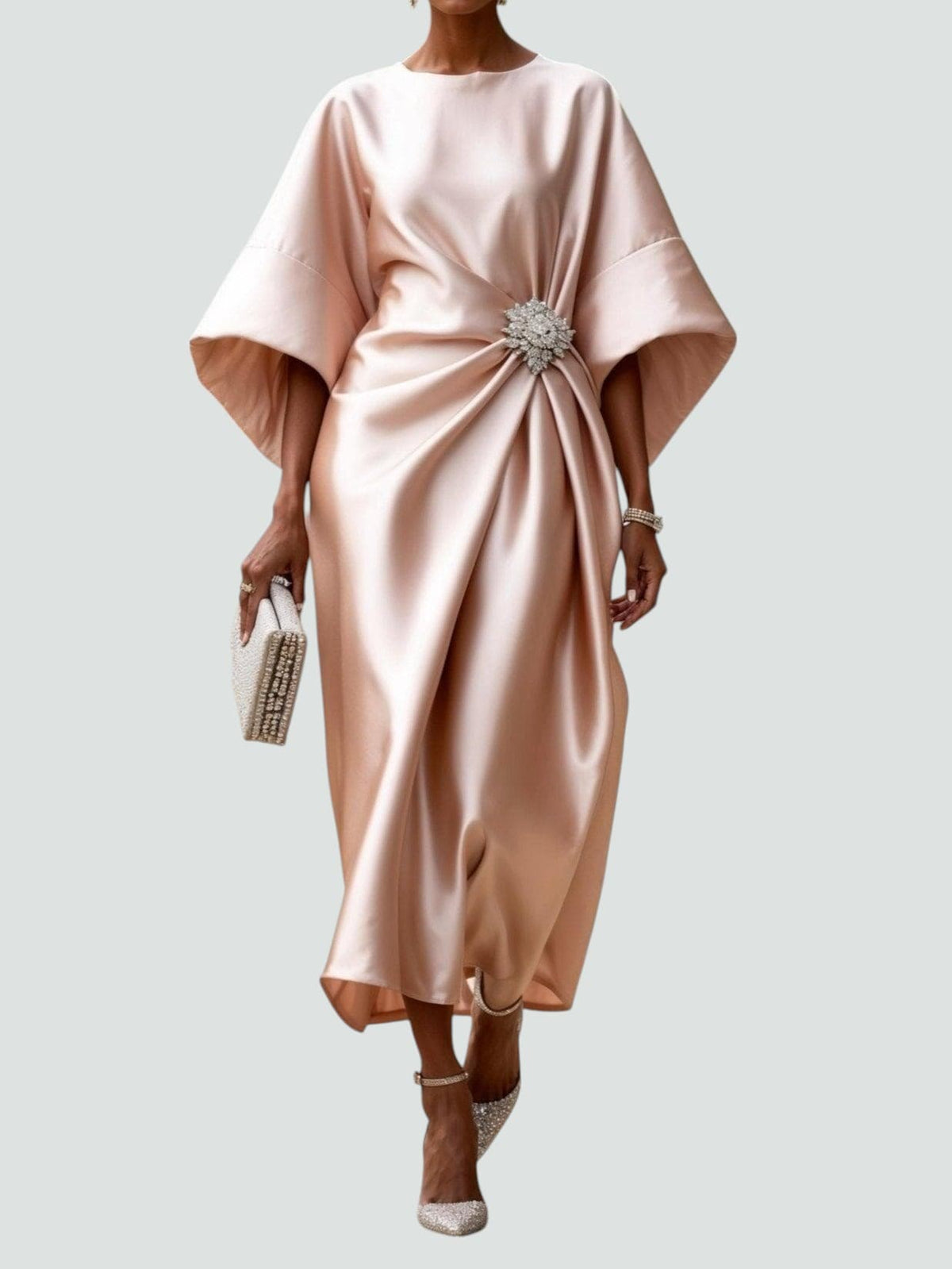 Draped Cape Sleeve Boat Neckline Maxi Dress for Women | Formal Evening Gown
