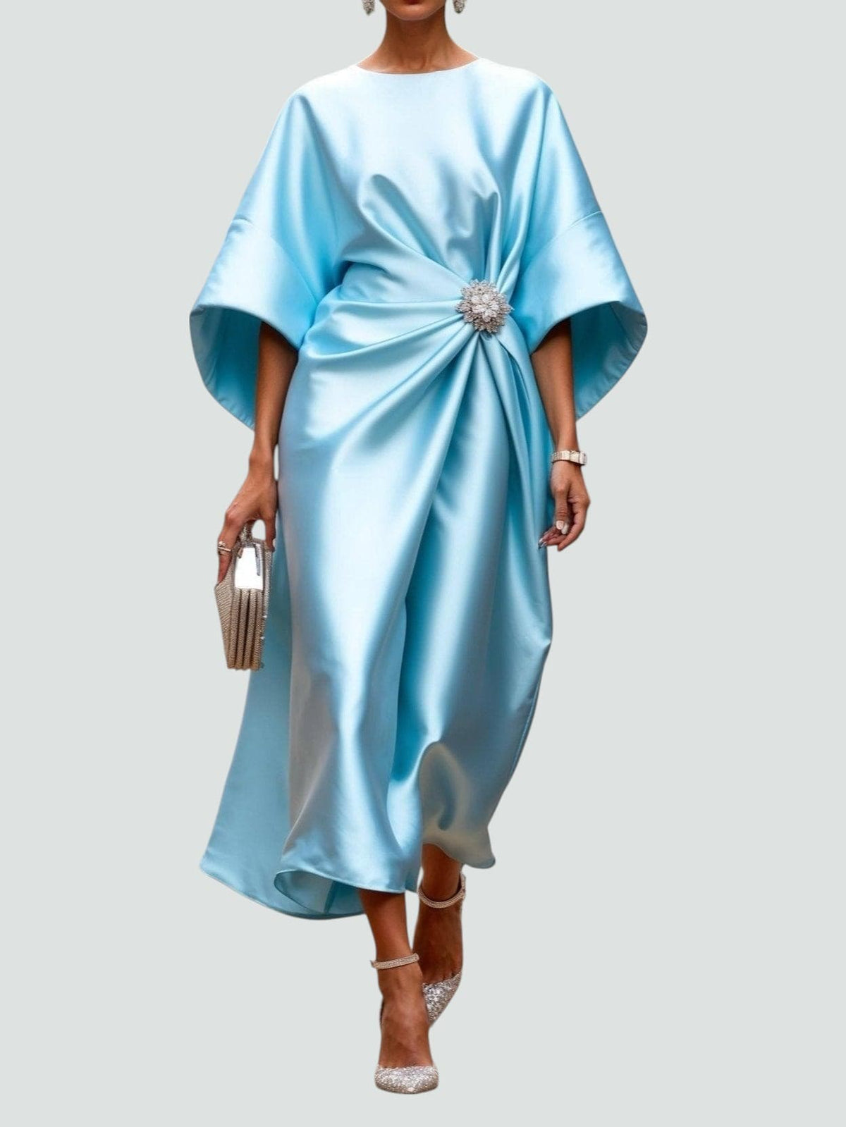 Draped Cape Sleeve Boat Neckline Maxi Dress for Women | Formal Evening Gown
