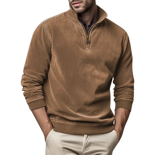 Fleece Half-Zip Collared Sweater with Ribbed Cuffs and Hem for Men