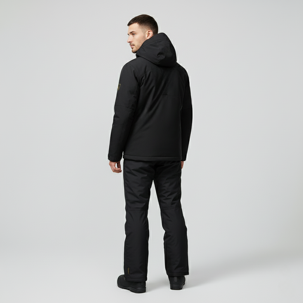 Black Hooded Ski Jacket and Pants Set for Men | Snowboard Winter Outfit