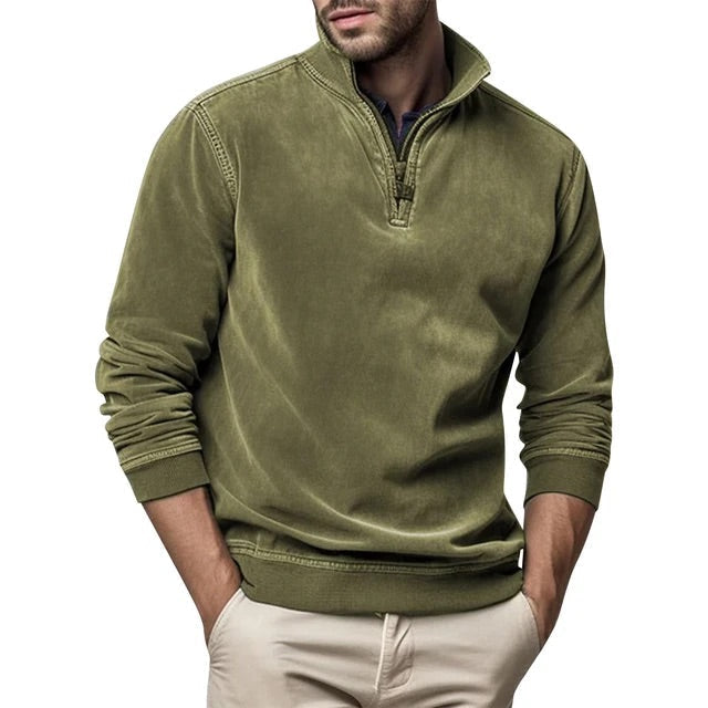 Fleece Half-Zip Collared Sweater with Ribbed Cuffs and Hem for Men