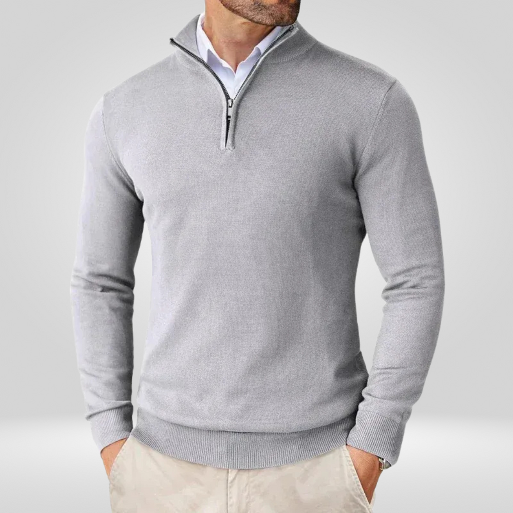 Gray Quarter Zip Stand-Up Collar Slim Fit Long Sleeve Sweater for Men