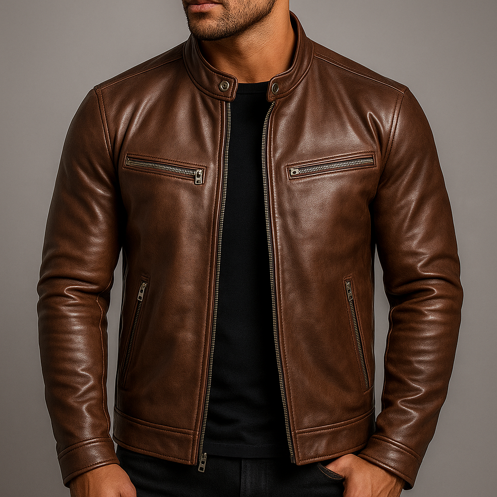 Brown Leather Jacket with Zip Closure for Men | Casual Outerwear Collection