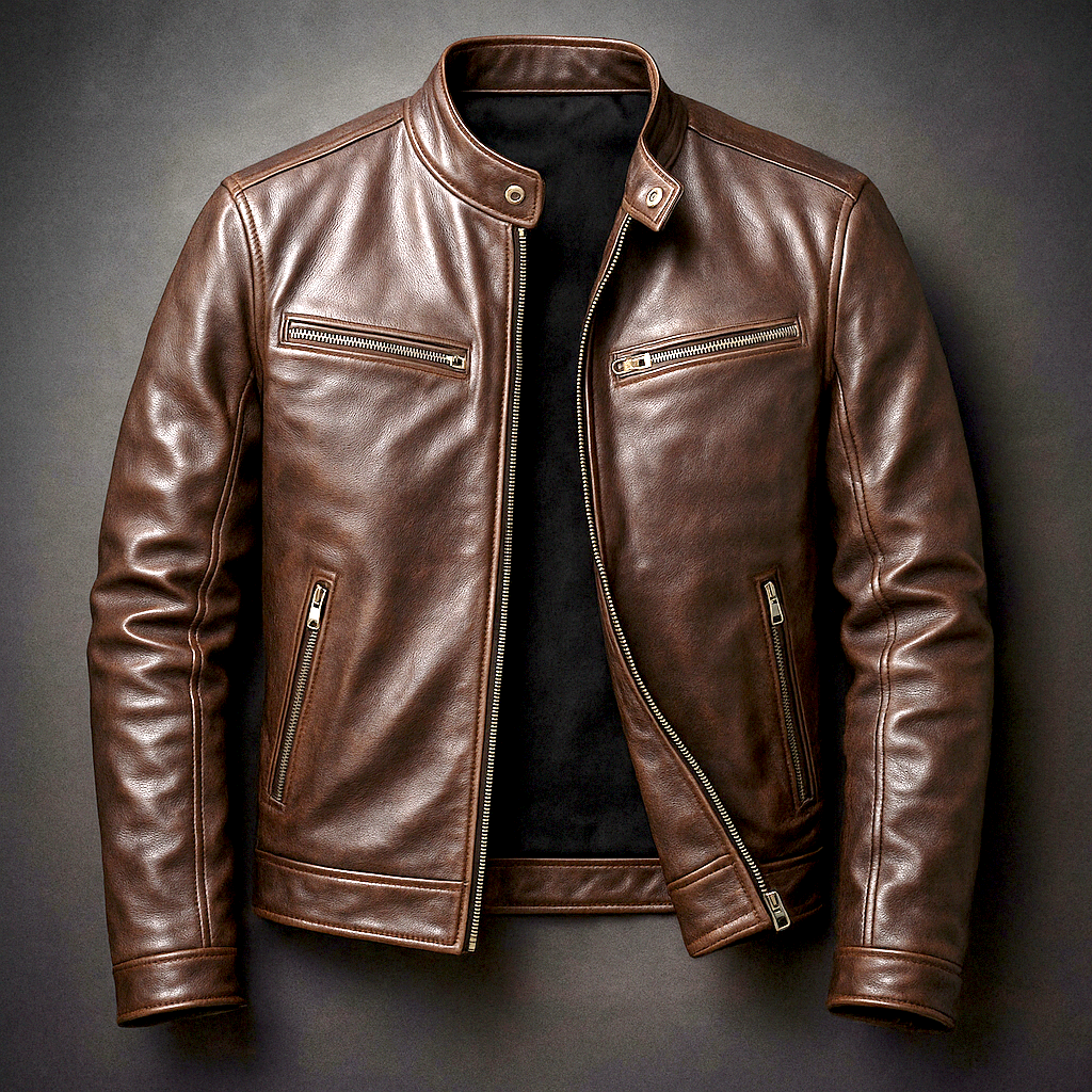 Brown Leather Jacket with Zip Closure for Men | Casual Outerwear Collection