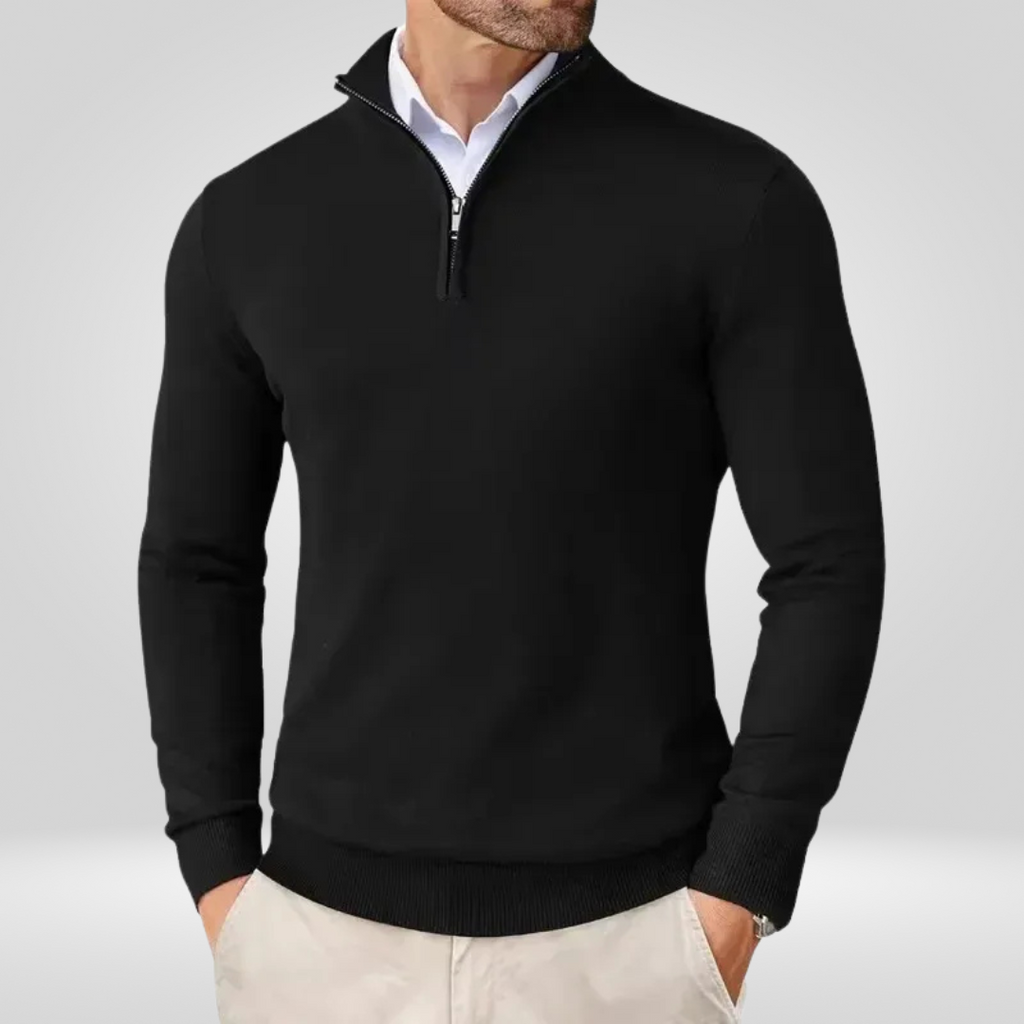 Gray Quarter Zip Stand-Up Collar Slim Fit Long Sleeve Sweater for Men