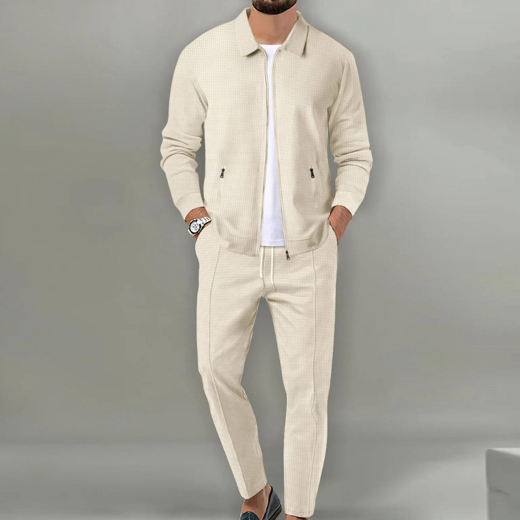 Beige Knit Cardigan Set Top for Men | Coordinated Outfit
