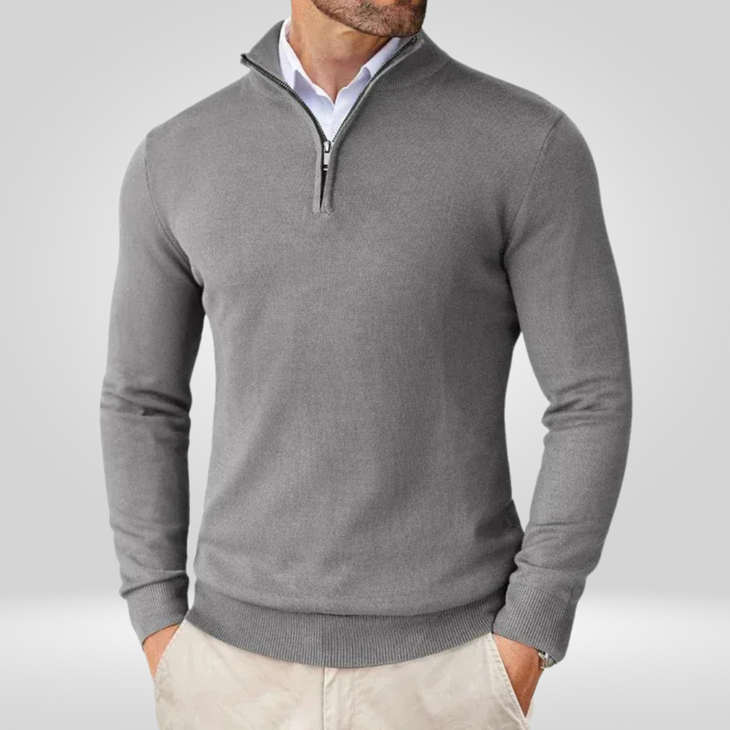 Gray Quarter Zip Stand-Up Collar Slim Fit Long Sleeve Sweater for Men
