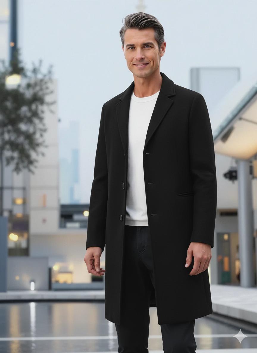 Long Wool Winter Coat for Men | Classic Notch Lapel Collar Style