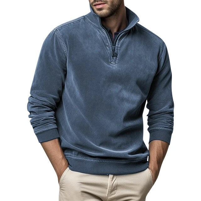 Fleece Half-Zip Collared Sweater with Ribbed Cuffs and Hem for Men