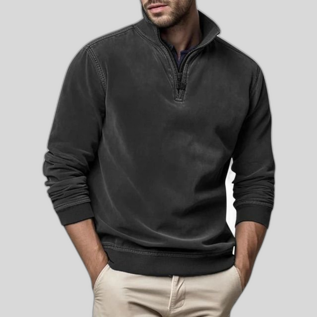 Fleece Half-Zip Collared Sweater with Ribbed Cuffs and Hem for Men