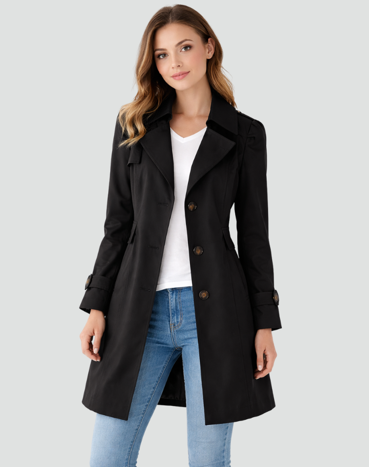Tailored Lapel Trench Coat with Button Front for Women | Mid-Length Fit