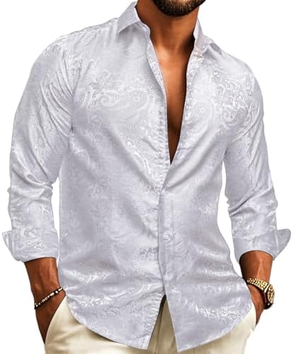 Paisley Jacquard Long Sleeve Button Front Shirt for Men | Wedding and Evening
