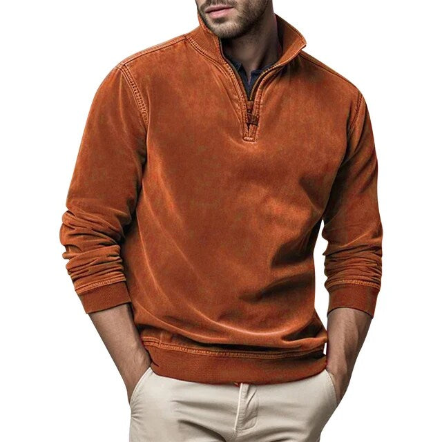 Fleece Half-Zip Collared Sweater with Ribbed Cuffs and Hem for Men
