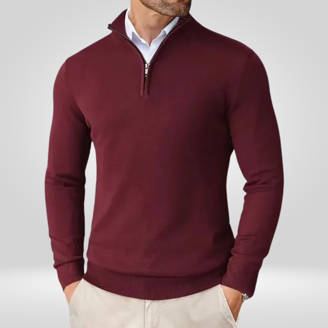 Men's Sweater | Short Zip Fitted Cut with Stand-Up Collar Long Sleeve