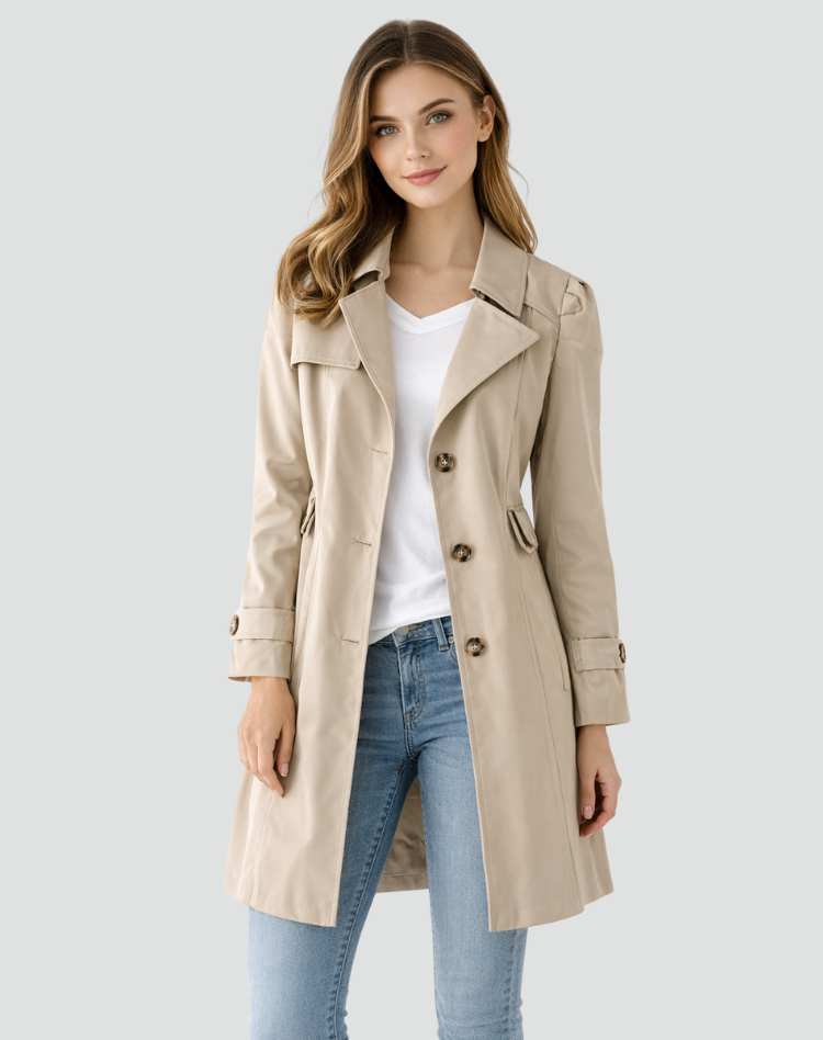 Tailored Lapel Trench Coat with Button Front for Women | Mid-Length Fit