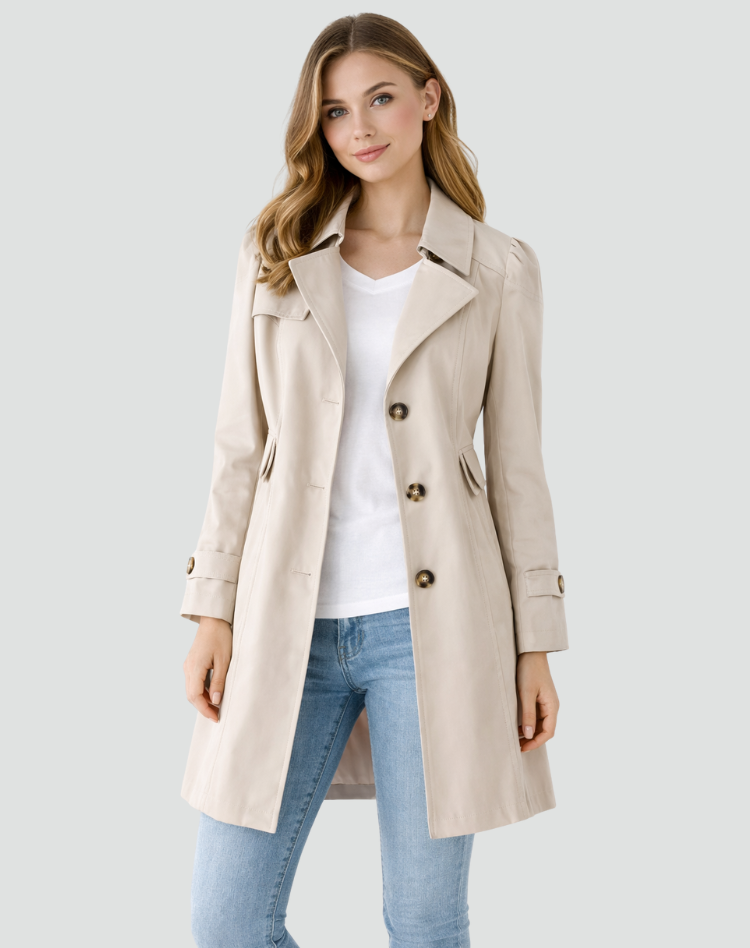 Tailored Lapel Trench Coat with Button Front for Women | Mid-Length Fit