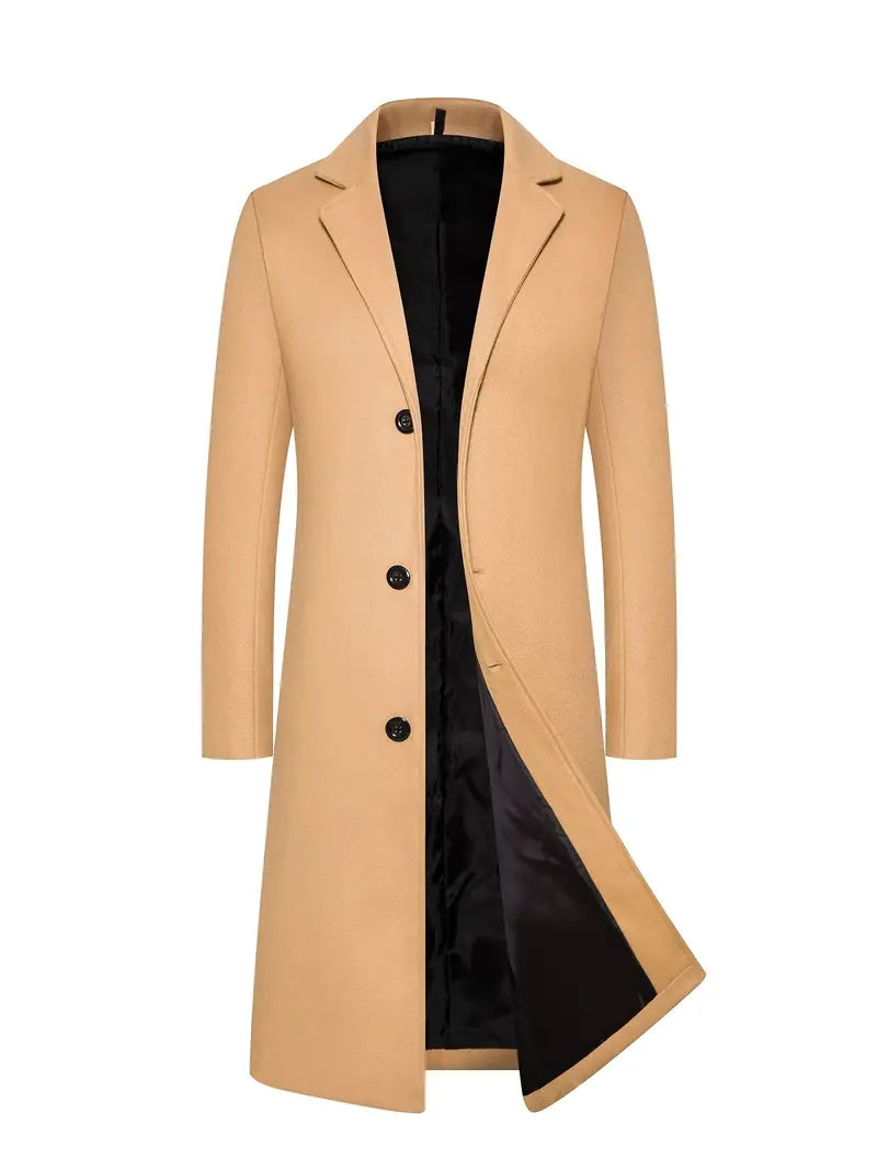 Long Wool Winter Coat for Men | Classic Notch Lapel Collar Style
