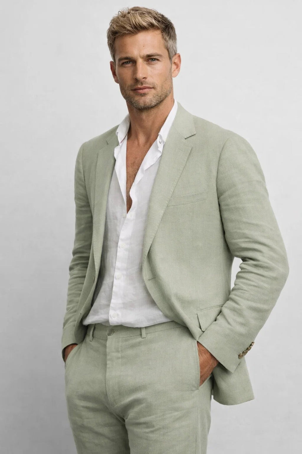 Linen Two Piece Suit with Round Neck Jacket for Men | Regular Fit