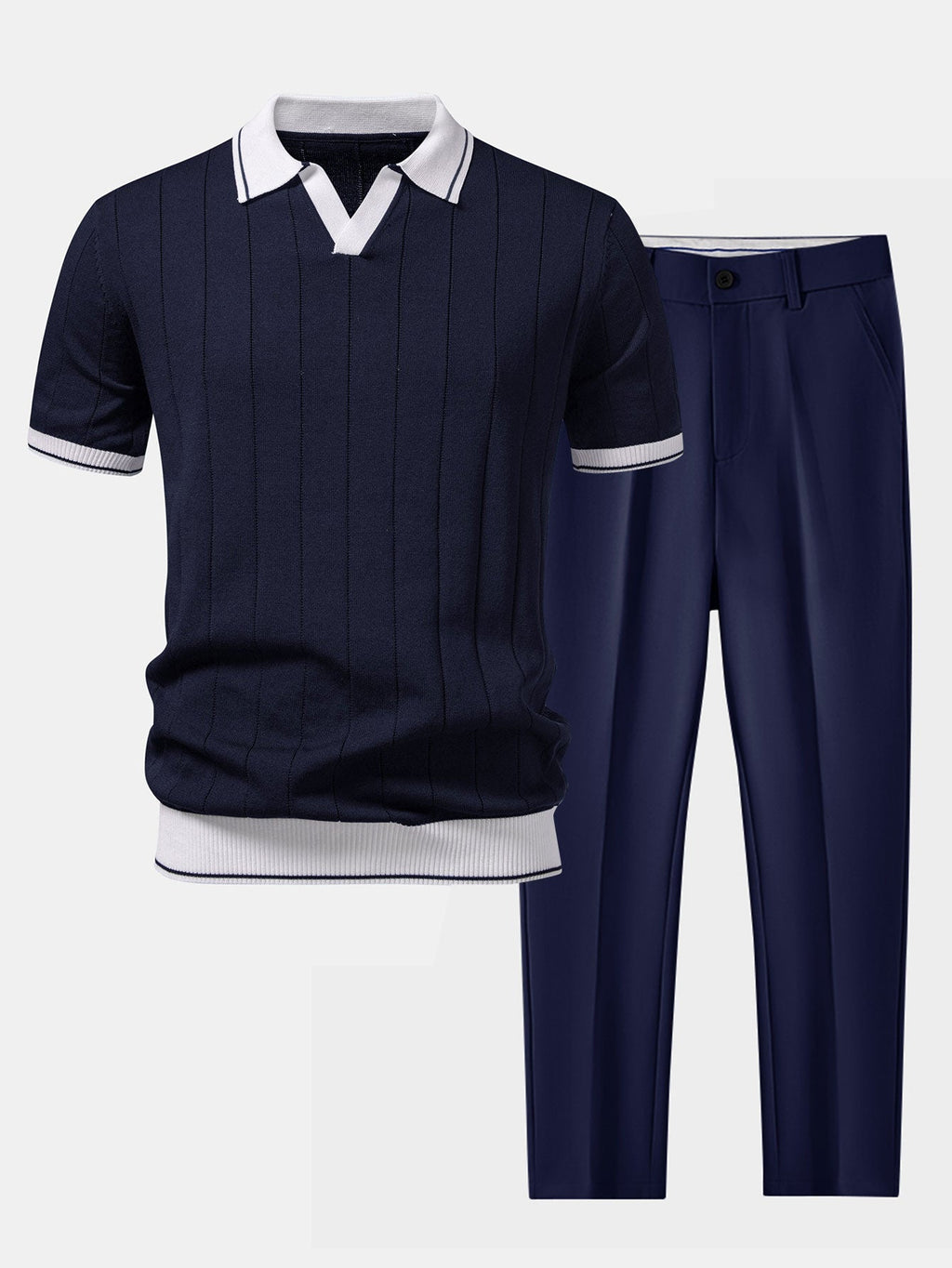 Contrast Trim Knit Polo and Tapered Pants Set for Men | Smart Casual Outfit