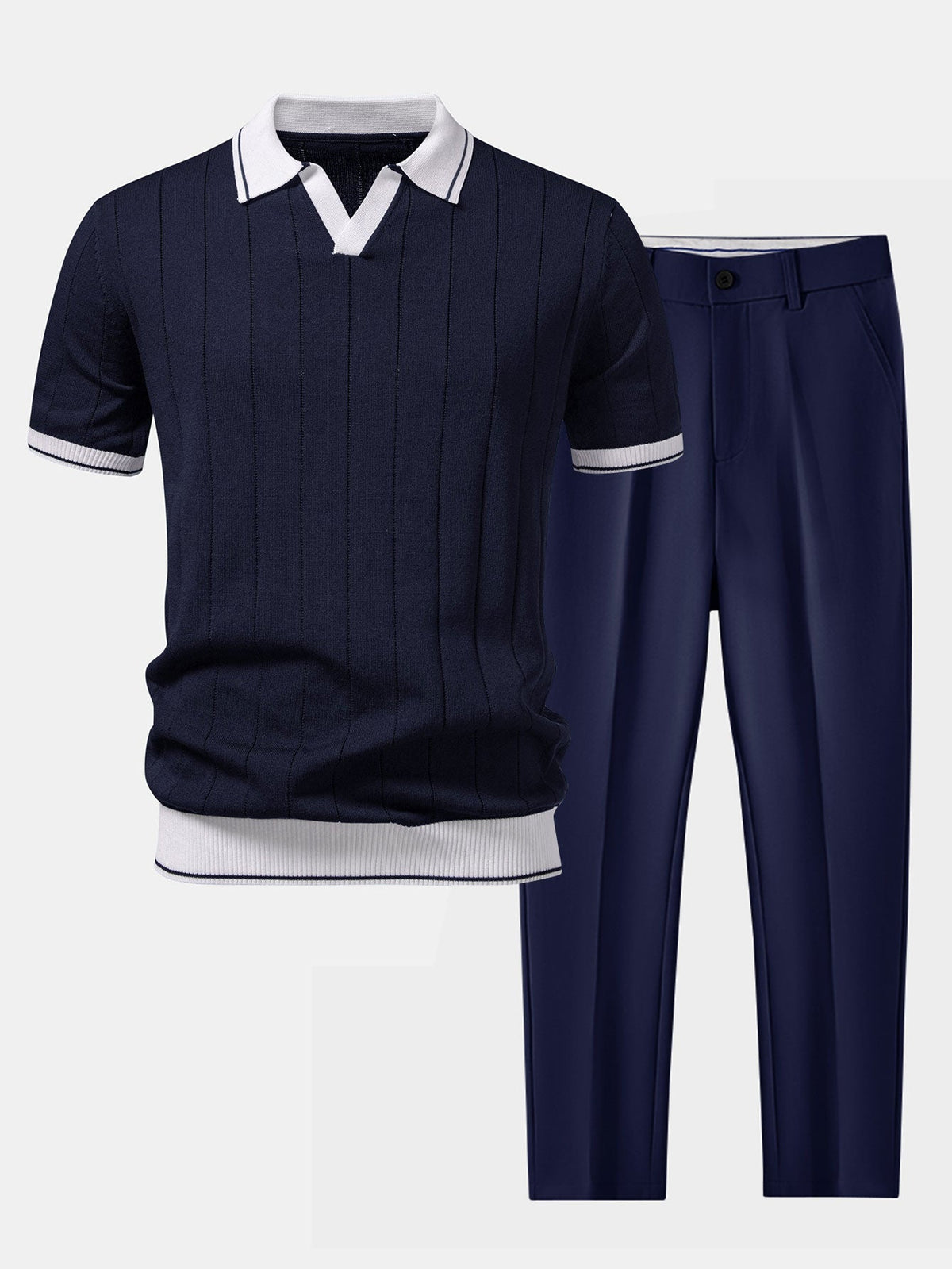 Contrast Trim Knit Polo and Tapered Pants Set for Men | Smart Casual Outfit
