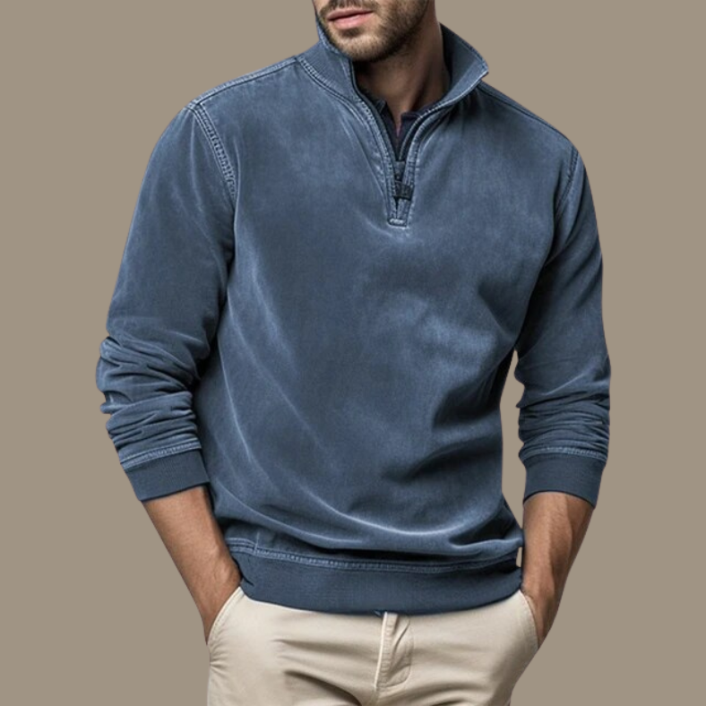 Fleece Half-Zip Collared Sweater with Ribbed Cuffs and Hem for Men