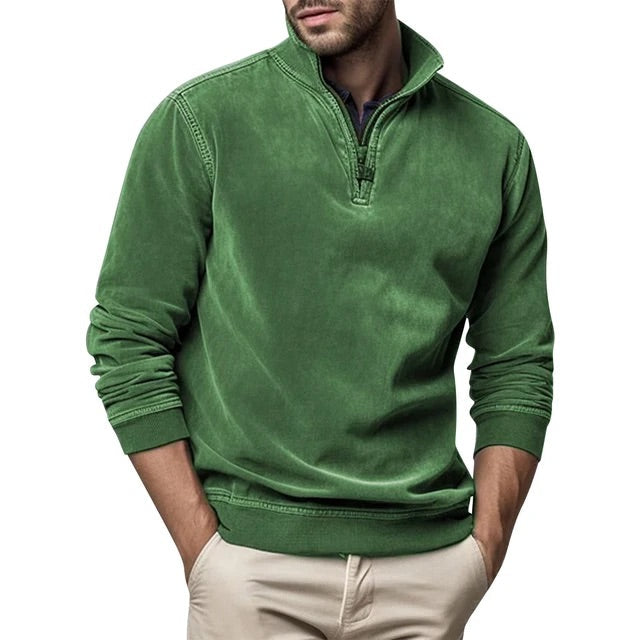 Fleece Half-Zip Collared Sweater with Ribbed Cuffs and Hem for Men
