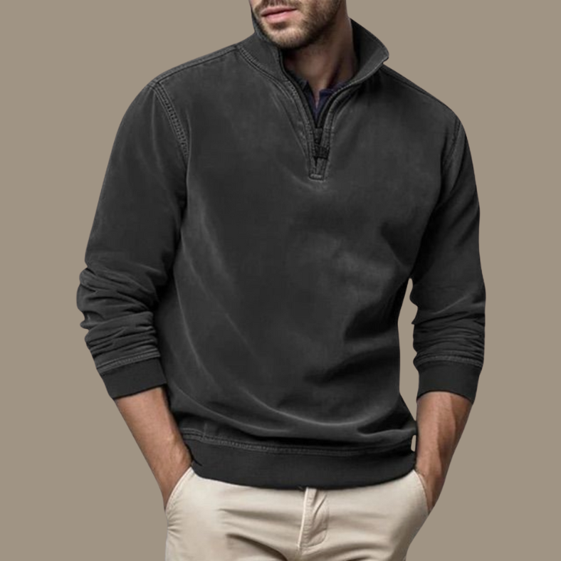 Fleece Half-Zip Collared Sweater with Ribbed Cuffs and Hem for Men