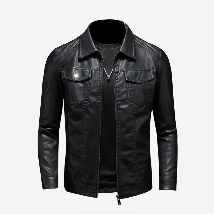 Black Vintage Leather Jacket with Structured Fit for Men | Casual Outerwear