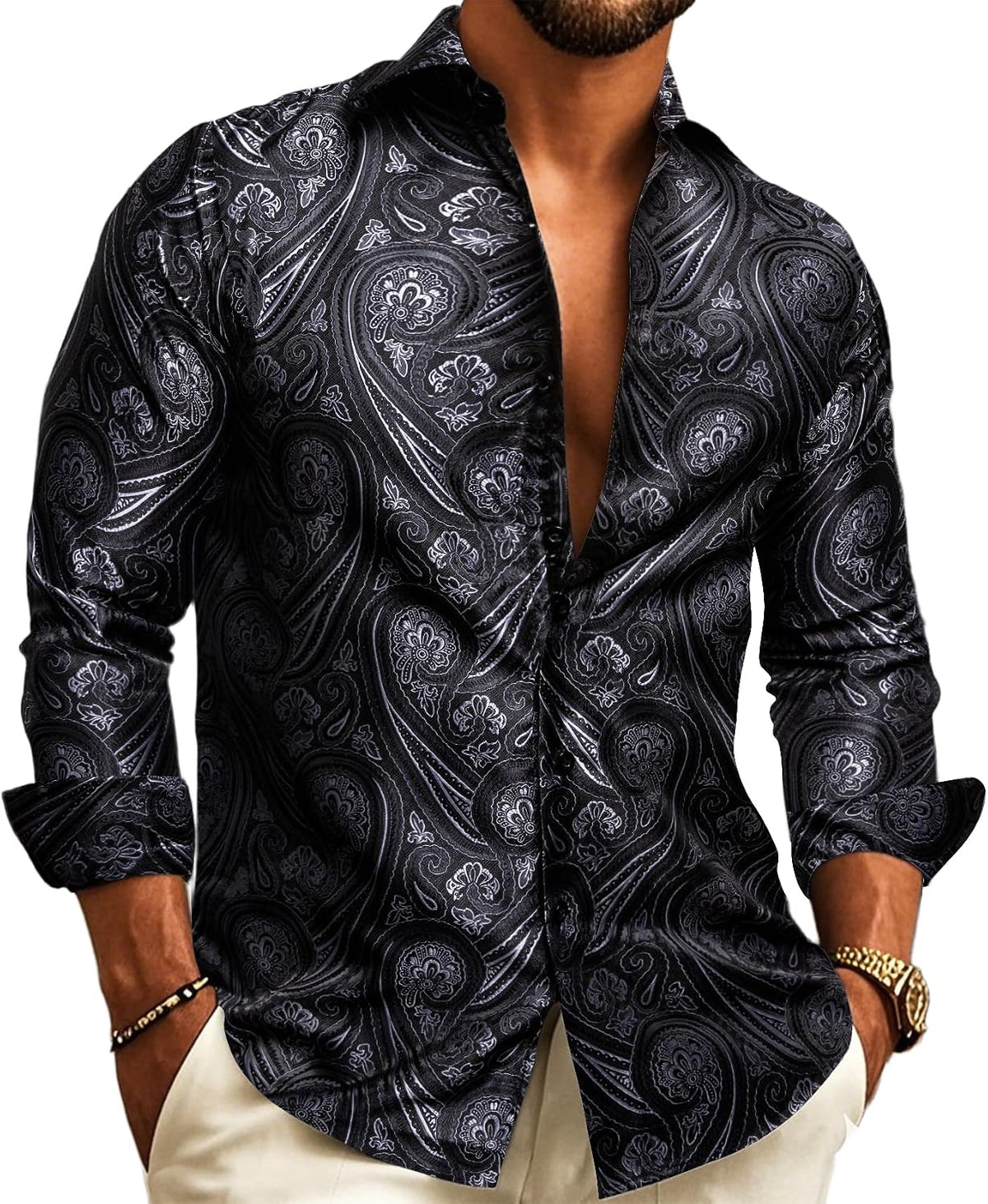 Paisley Jacquard Long Sleeve Button Front Shirt for Men | Wedding and Evening
