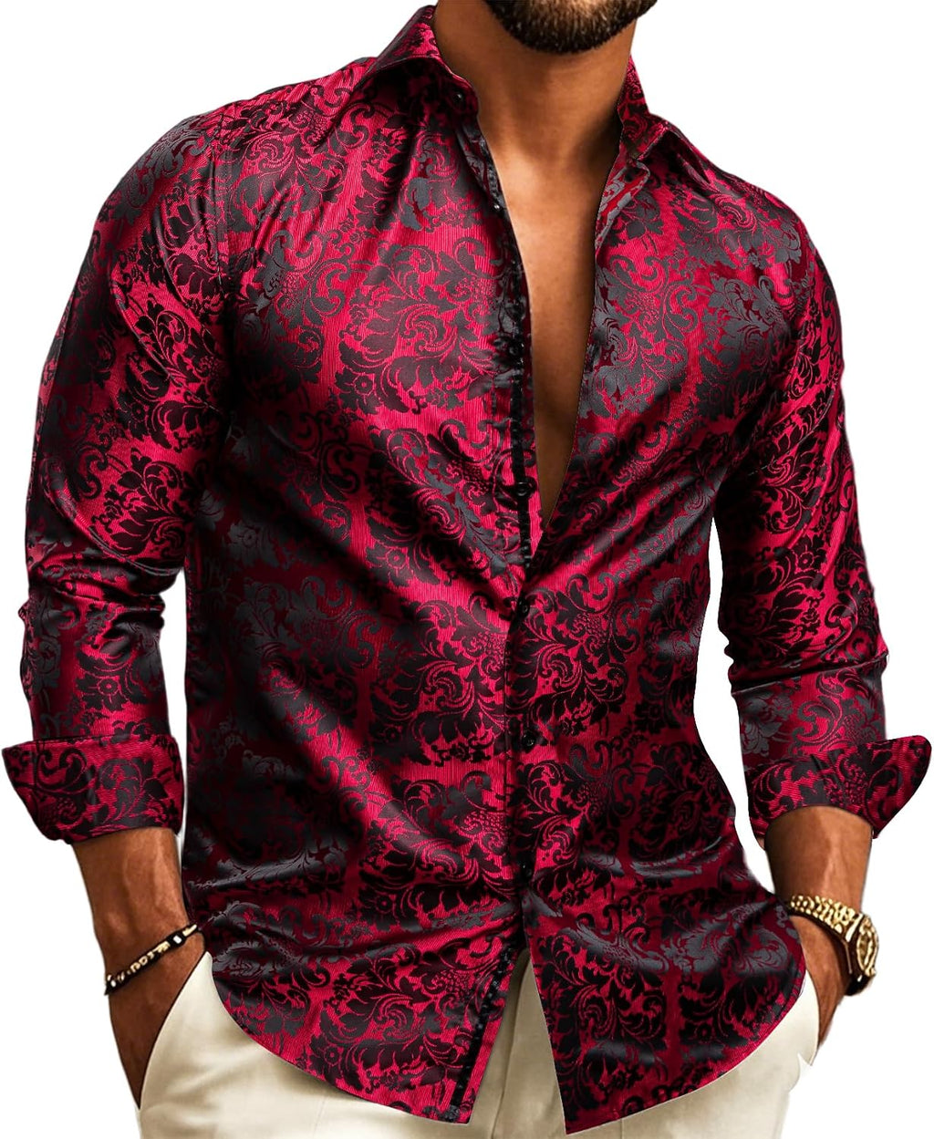 Paisley Jacquard Long Sleeve Button Front Shirt for Men | Wedding and Evening