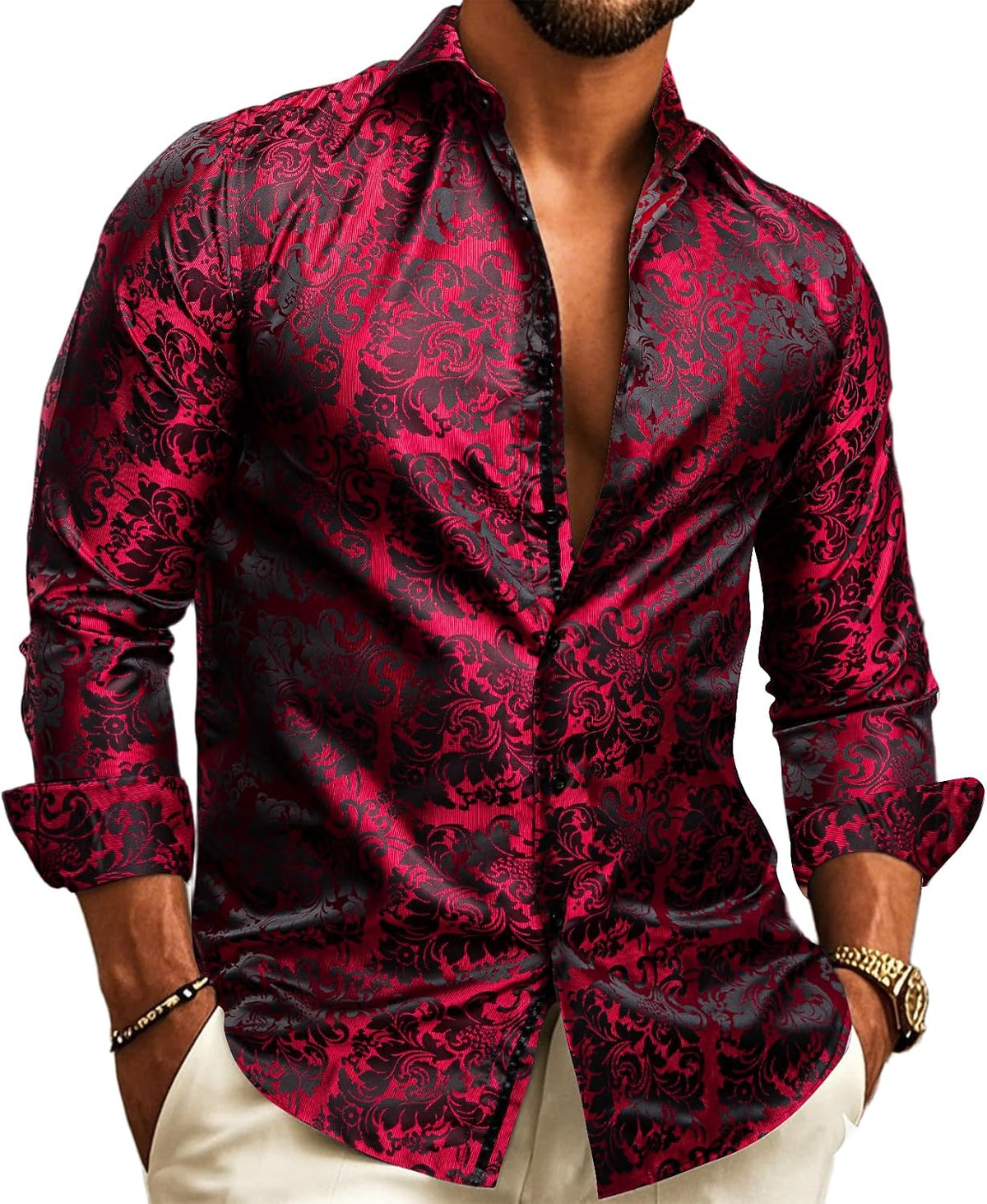 Paisley Jacquard Long Sleeve Button Front Shirt for Men | Wedding and Evening