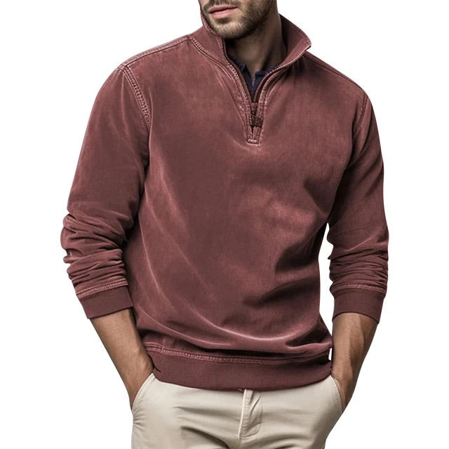 Fleece Half-Zip Collared Sweater with Ribbed Cuffs and Hem for Men