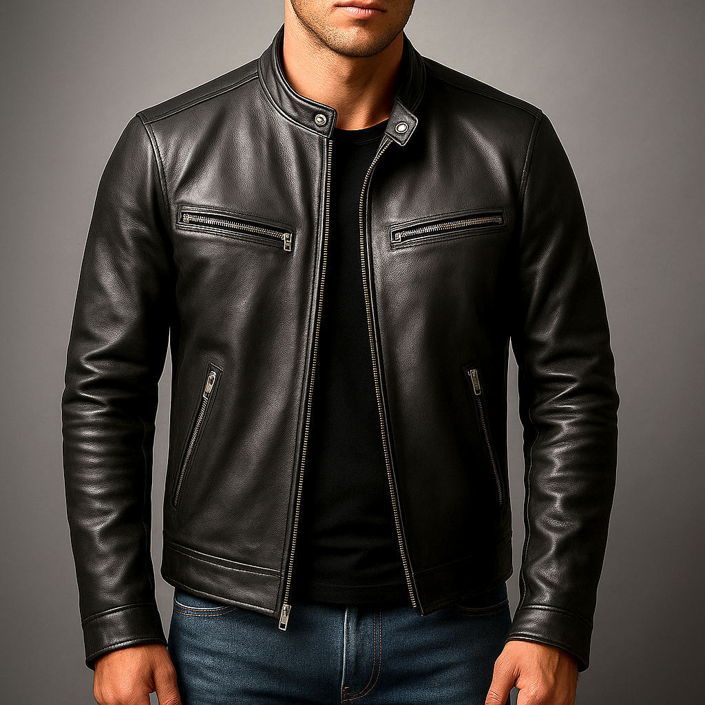Brown Leather Jacket with Zip Closure for Men | Casual Outerwear Collection