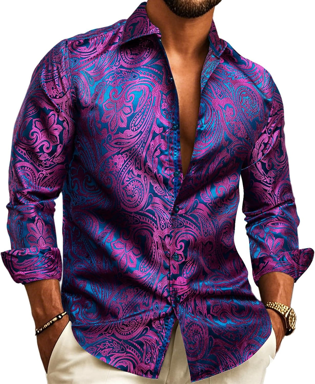 Paisley Jacquard Long Sleeve Button Front Shirt for Men | Wedding and Evening