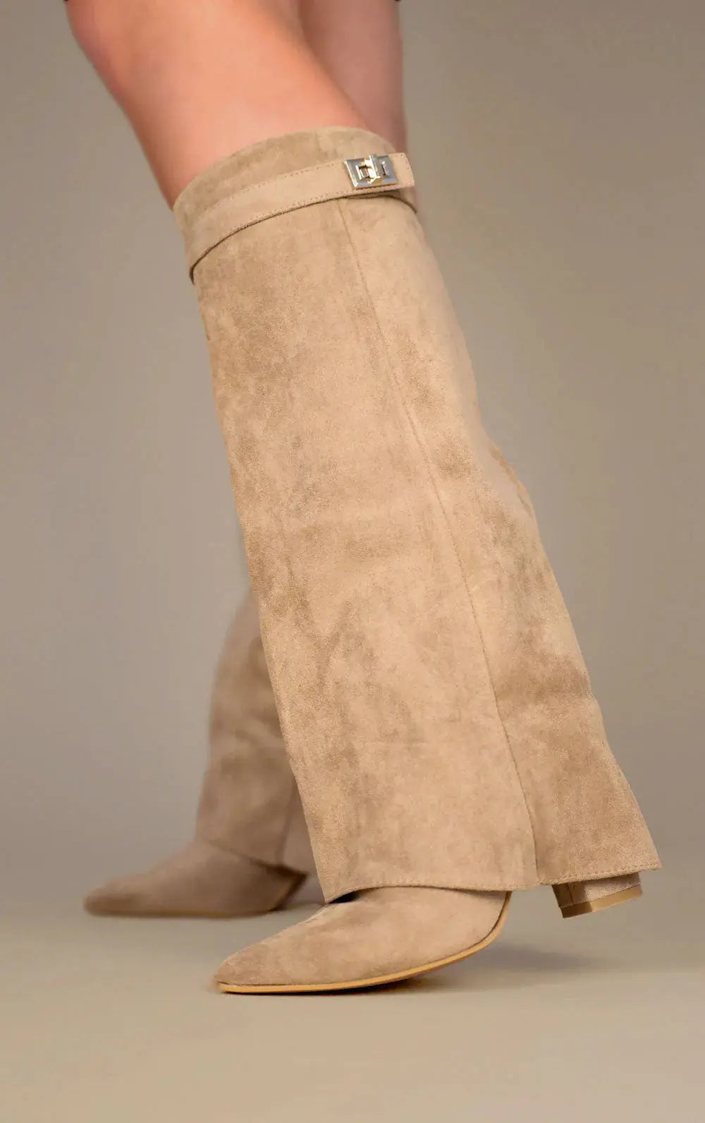 Black Taupe Leather Suede Tall Heeled Boots for Women | Slim Shaft Winter Wear