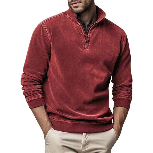 Fleece Half-Zip Collared Sweater with Ribbed Cuffs and Hem for Men
