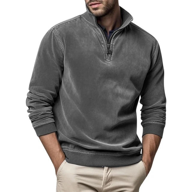 Fleece Half-Zip Collared Sweater with Ribbed Cuffs and Hem for Men
