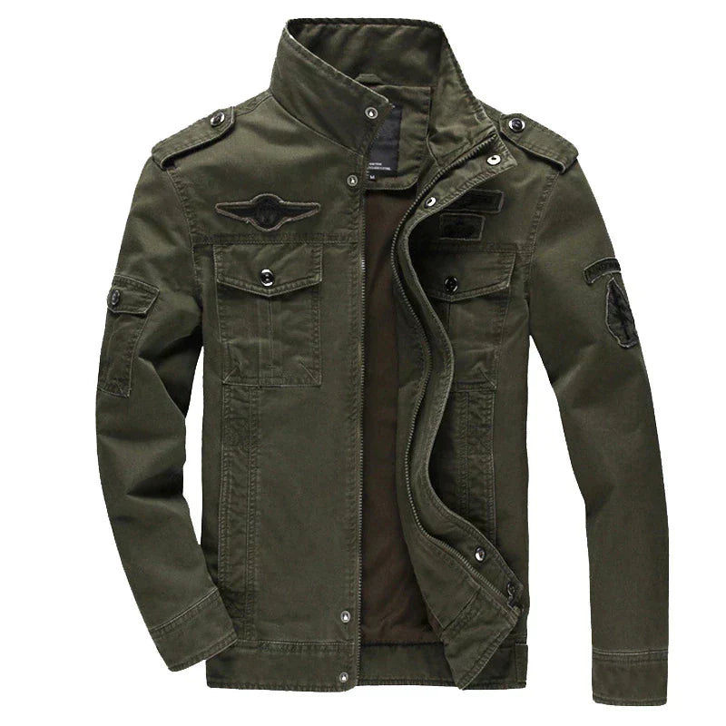Military Green Stand-Up Collar Full Zip Jacket for Men | Outdoor Wear
