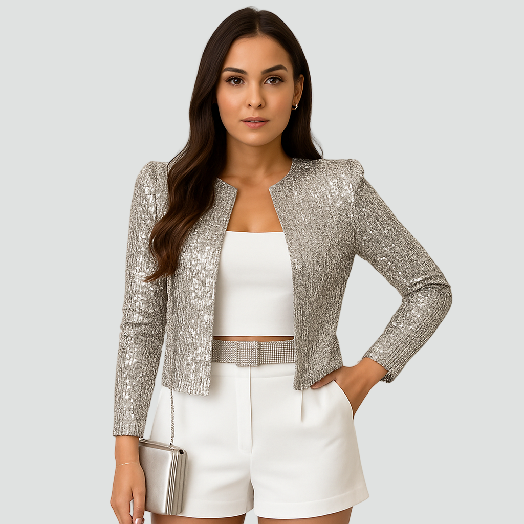 Gold Sequin Cropped Open Front Blazer for Women | Evening Occasion Jacket