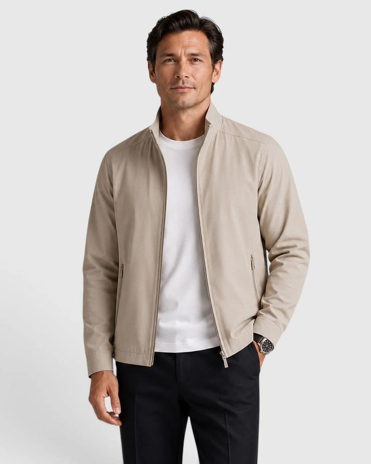 Textured Woven Zip Front Jacket with Structured Collar for Men
