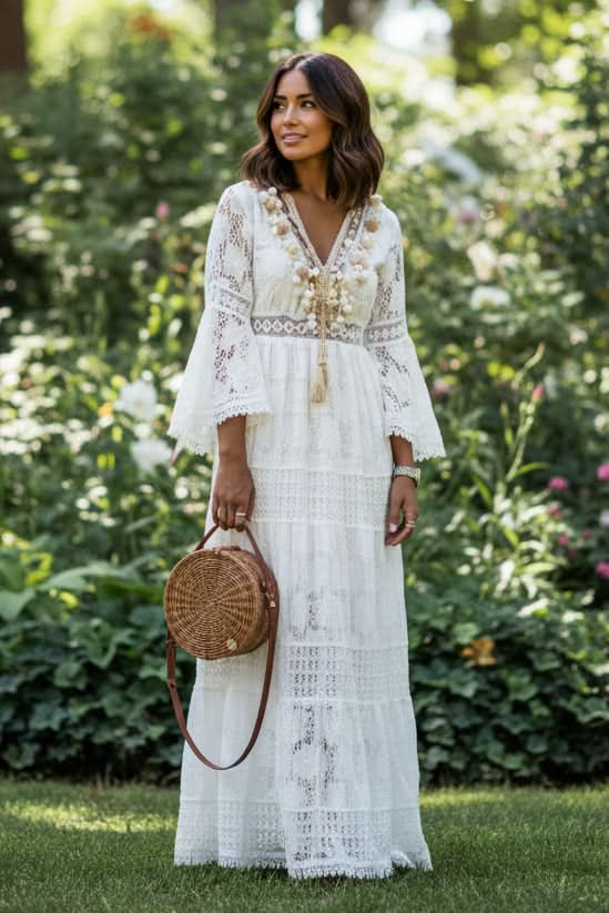 White V Neck Boho Maxi Dress for Women | Flowy Silhouette