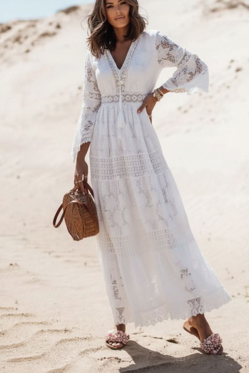 White V Neck Boho Maxi Dress for Women | Flowy Silhouette