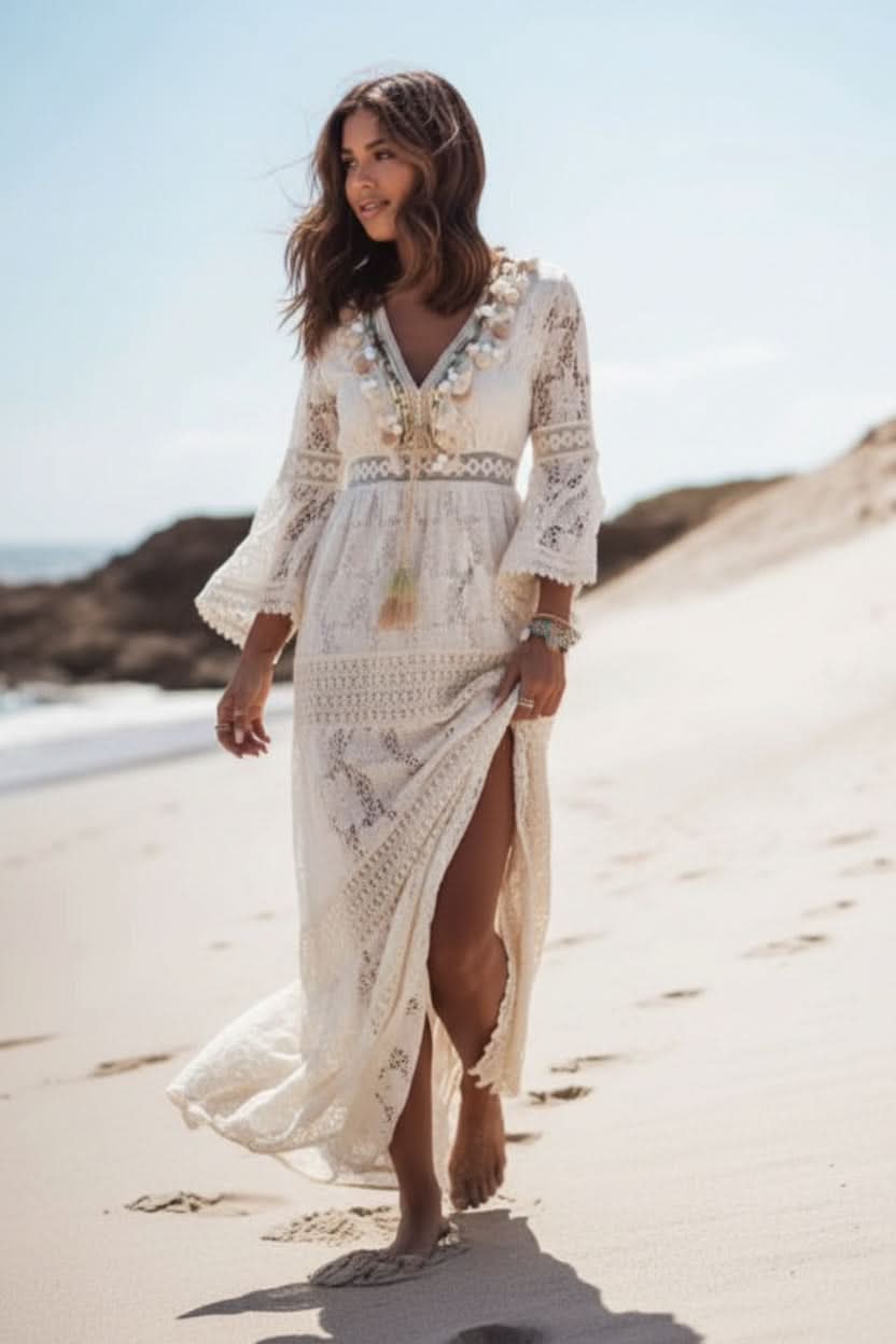 White V Neck Boho Maxi Dress for Women | Flowy Silhouette