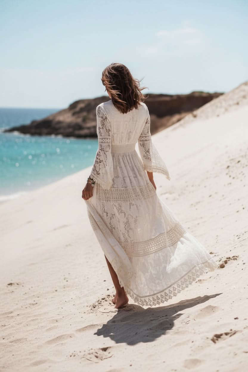 White V Neck Boho Maxi Dress for Women | Flowy Silhouette