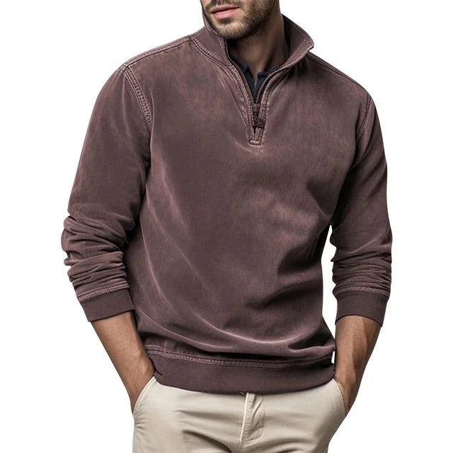 Fleece Half-Zip Collared Sweater with Ribbed Cuffs and Hem for Men