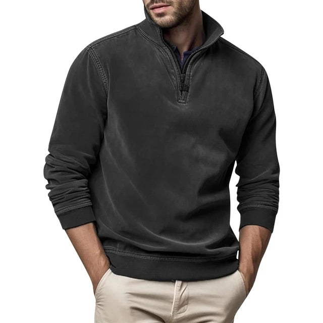 Fleece Half-Zip Collared Sweater with Ribbed Cuffs and Hem for Men